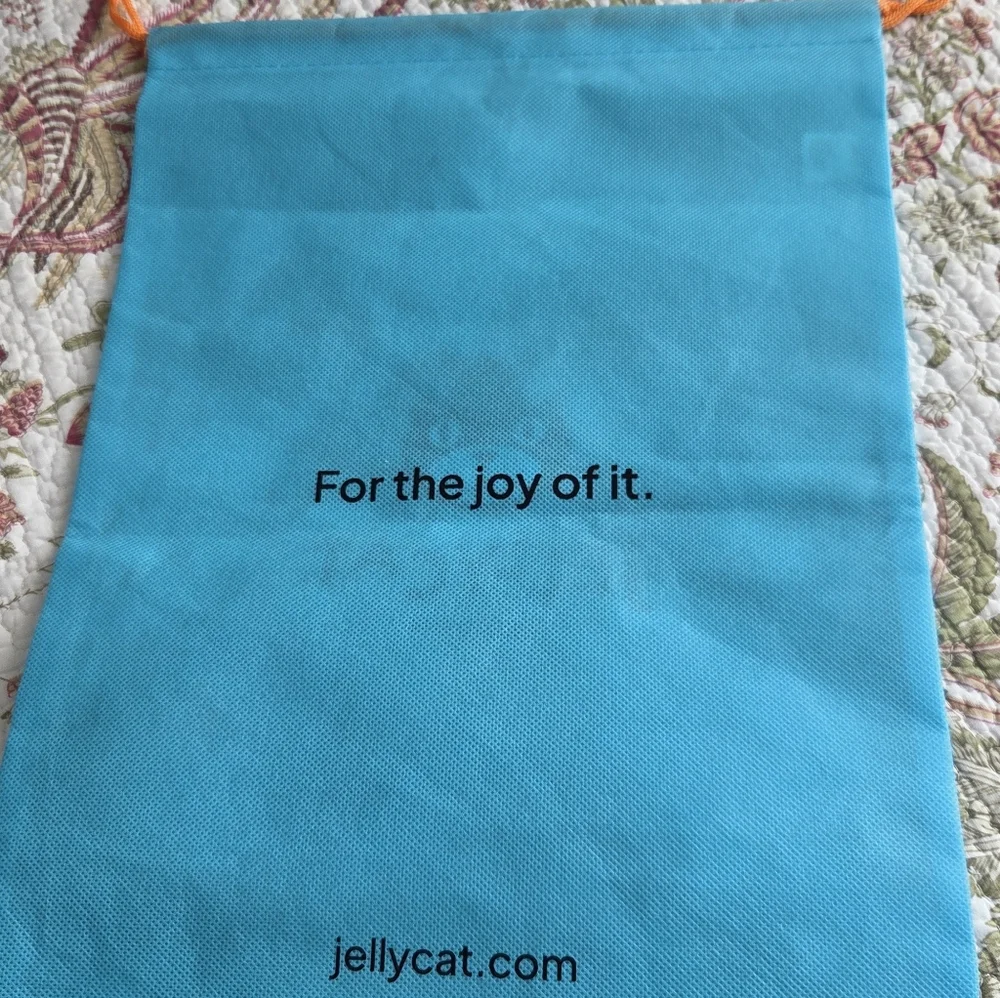 Jellycat Turquoise Cat Toy Bag with Orange Drawstring